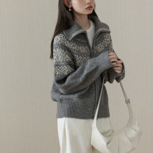 fair isle zip-up cardigan　J00436