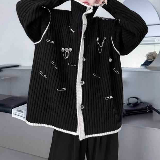 ピン装飾バイカラーニットカーディガンジャケット 2color MOJ0294