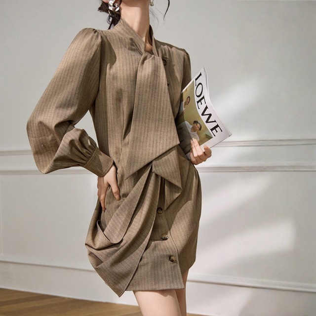 コンストラクトストライプフレンチスタイルミニワンピース　BM1311