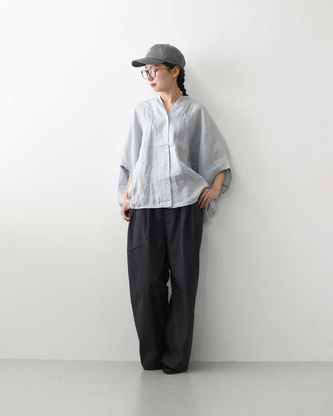 【新品】ミズイロインド リネン スタンドカラーシャツ 25SS チャコールグレー mizuiro ind [ミズイロ インド] linen stand collar cocoon shirt [2