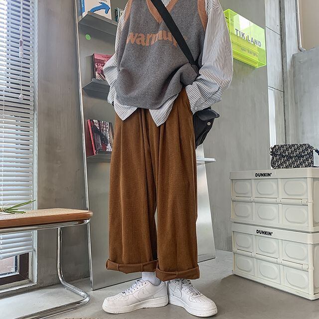 【予約販売】ワイドパンツ ストレート メンズ パンツ シンプル 無地 ブラック ブラウン ベージュ ワイドレッグ ボトムス きれいめ スタイリッシュ こなれ感 お洒落 韓国 トレンド 夏 秋 冬 M/L/XL/2XL