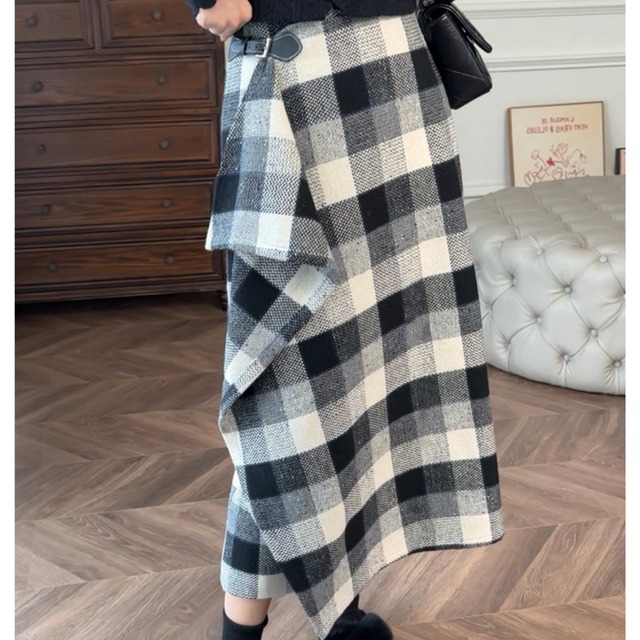 チェックドレープラップ風スカート　W00371