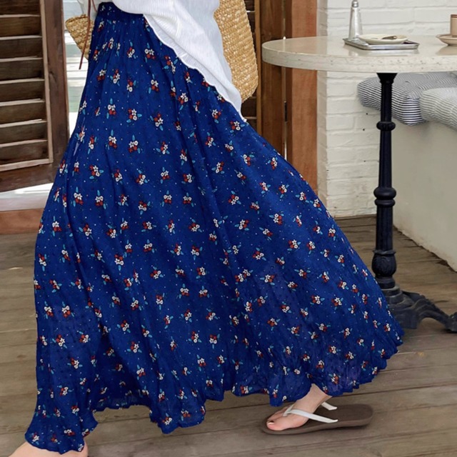 blue floral long skirt　2litr03240