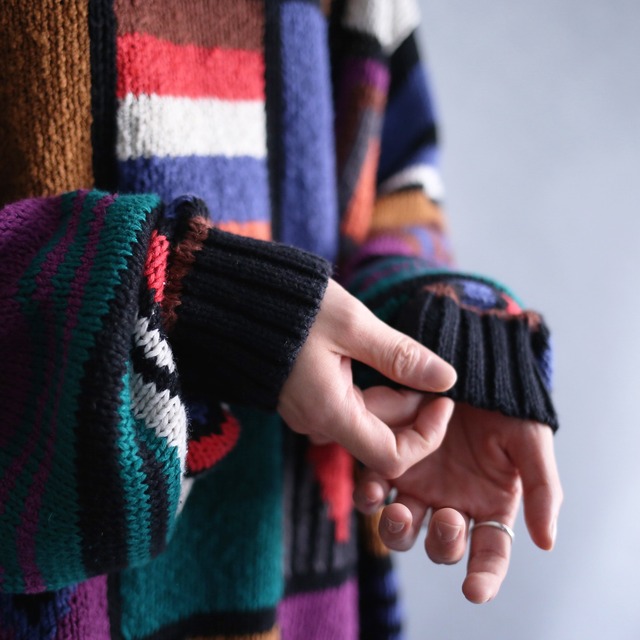 multi psychedelic art panel pattern low gauge knit loose sweater