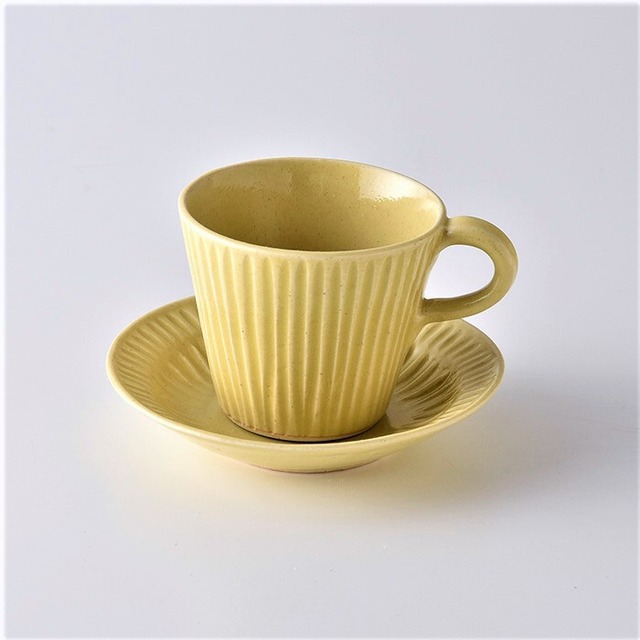【もえぎ】萌黄釉鎬彫　コーヒー碗皿セット