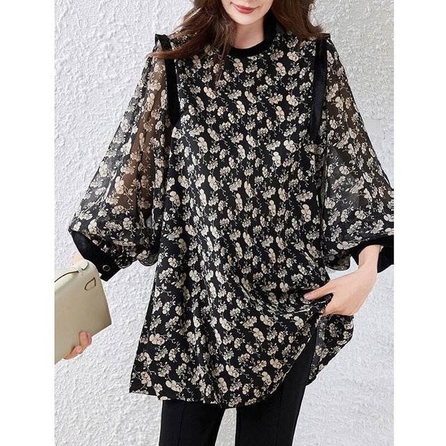 BLACK FLOWER PRINT CHIFFON PULLOVER DESIGN SHIRT 1color M-14488