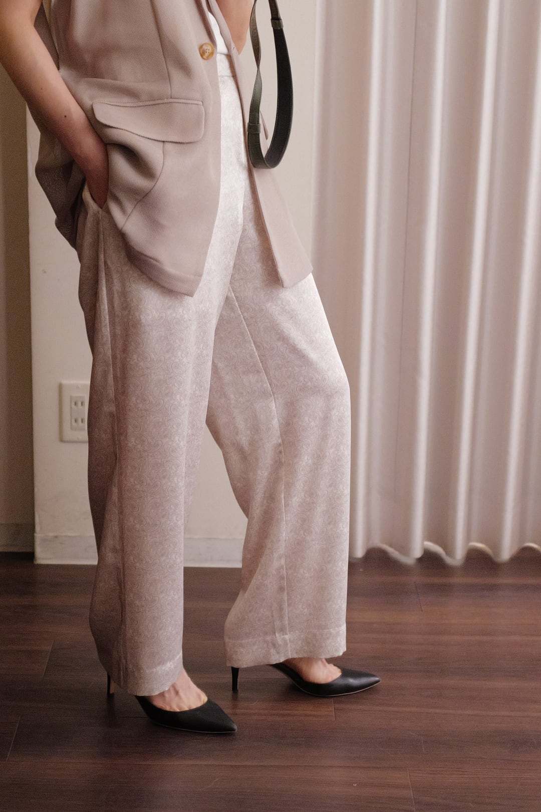 satin paisley pants beige