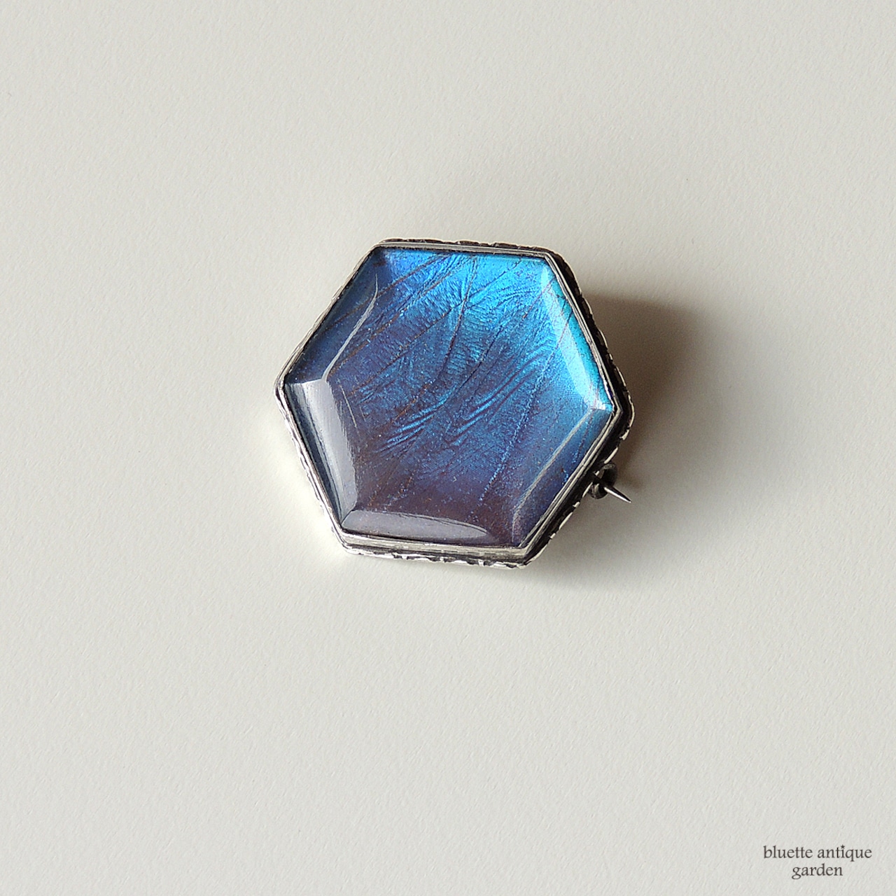アンティークジュエリー シルバー モルフォ蝶 ブローチ(ヘキサゴンタイプ)