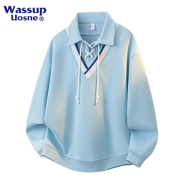【WSシリーズ】★POLOシャツ★ ユニセックス 3color トップス メンズ リボン付き レースアップ 長袖 フェイクレイヤード 黒 青