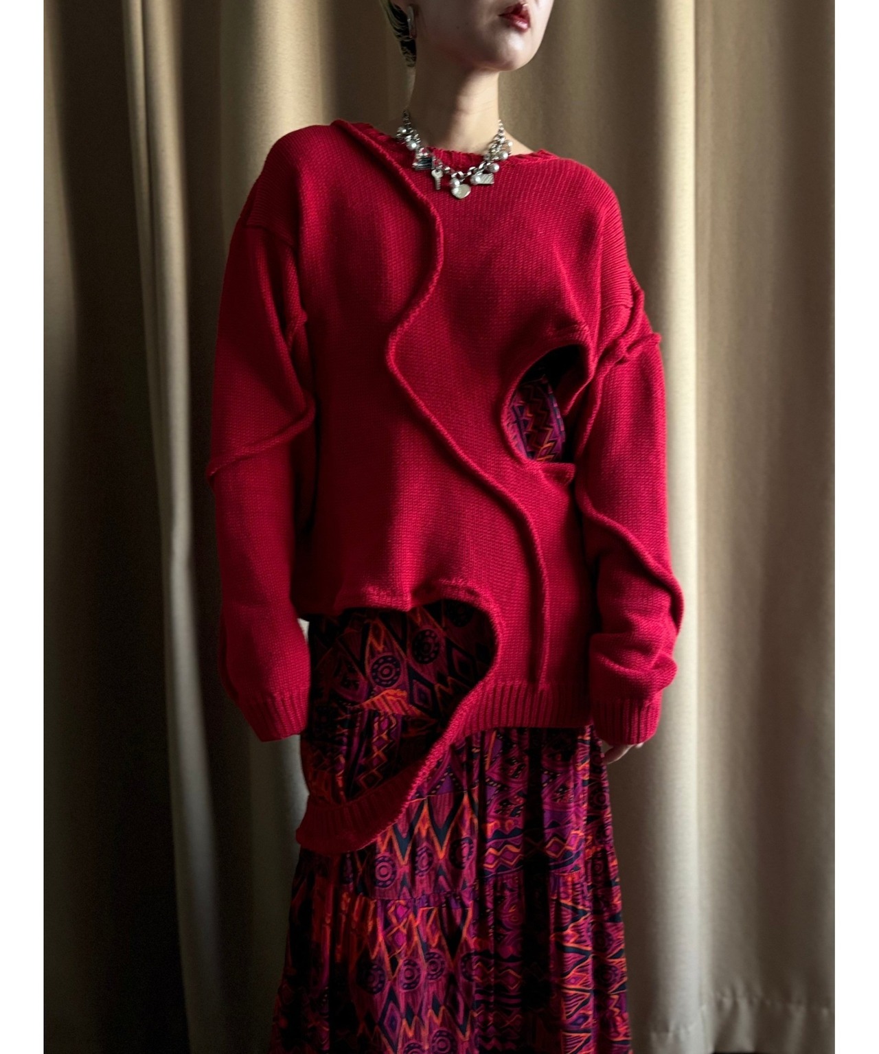 red color curve cotton remake knit-4451-12