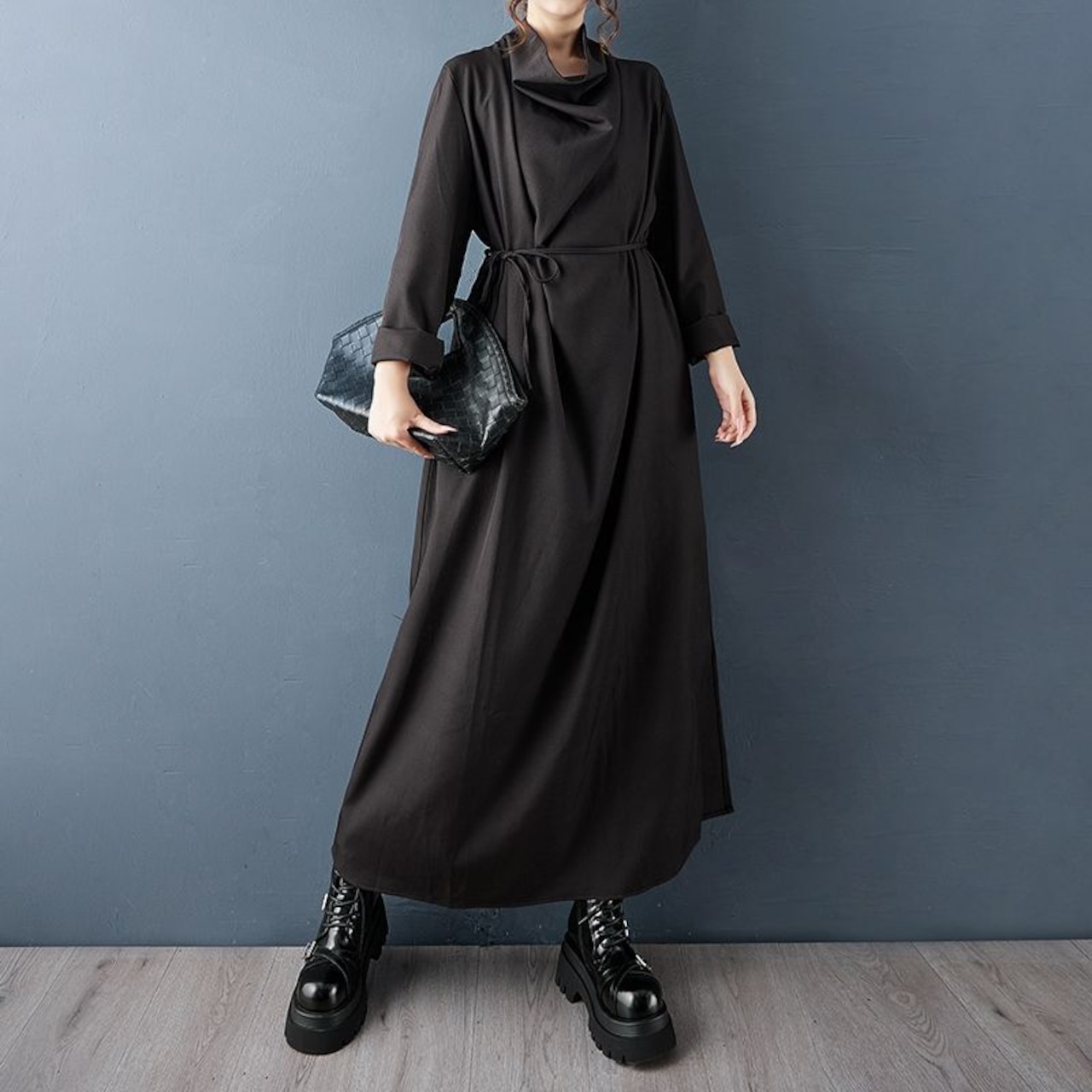 ラップ風ネック ブラック ワンピース 60025