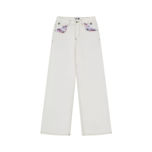 フラワーポケットシンチバックワイドラインデニムパンツ 3col R02590