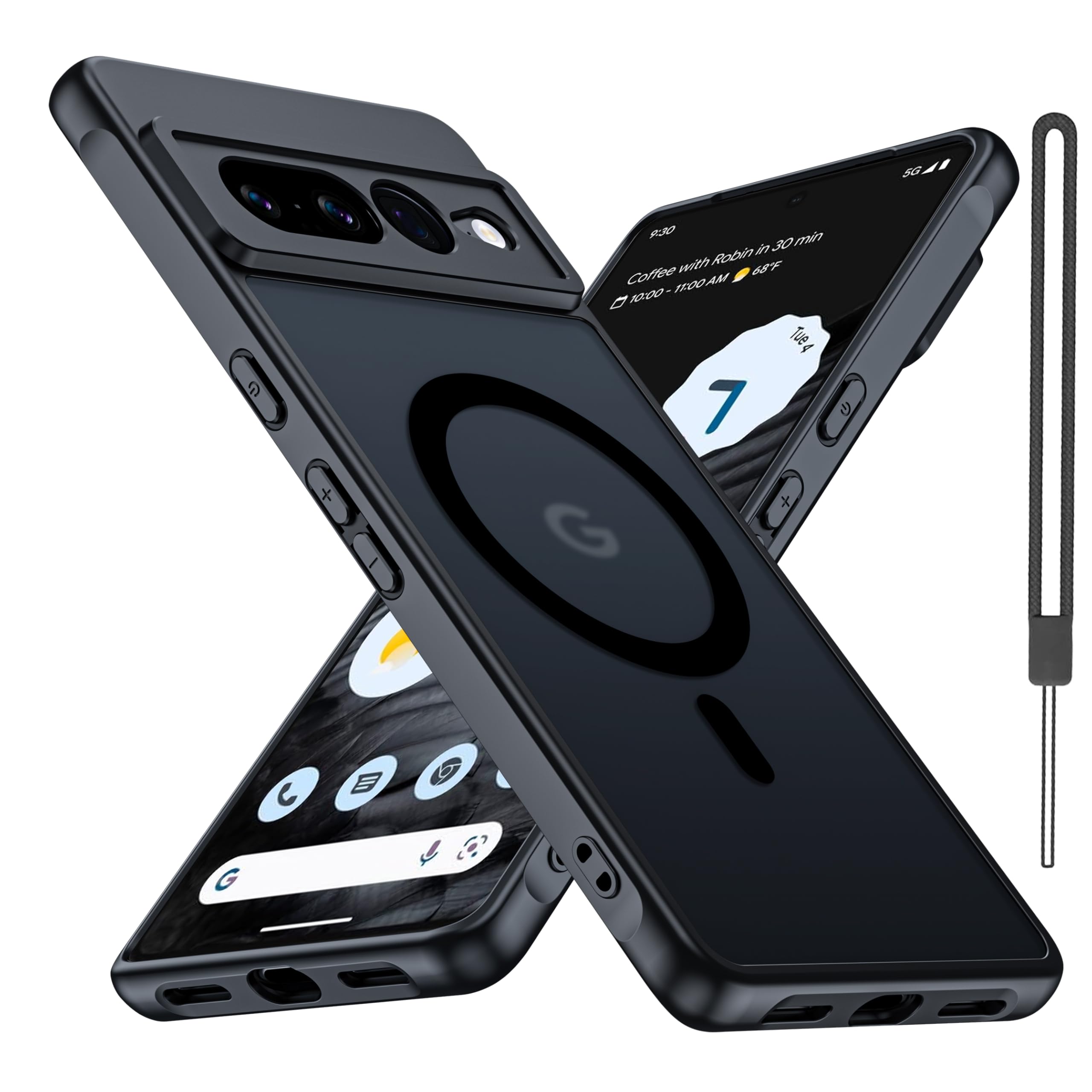 for Google Pixel 7 Pro 用 ケース【MagSafe対応】米軍MIL規格 耐衝撃 ストラップ付き マット質感 半透明 指紋防止・黄ばみ防止 ワイヤレス充電対応 グーグルピクセル7 pro 用(ブラック)