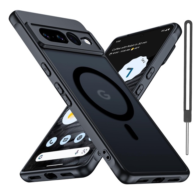 for Google Pixel 7 Pro 用 ケース【MagSafe対応】米軍MIL規格 耐衝撃 ストラップ付き マット質感 半透明 指紋防止・黄ばみ防止 ワイヤレス充電対応 グーグルピクセル7 pro 用(ブラック)