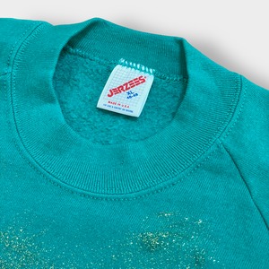 JERZEES 80s USA製 スウェットシャツ トレーナー カワイイ系 ラメ 花 ラグラン エメラルドグリーン SWEATSHIRTS XL ヴィンテージ US古着