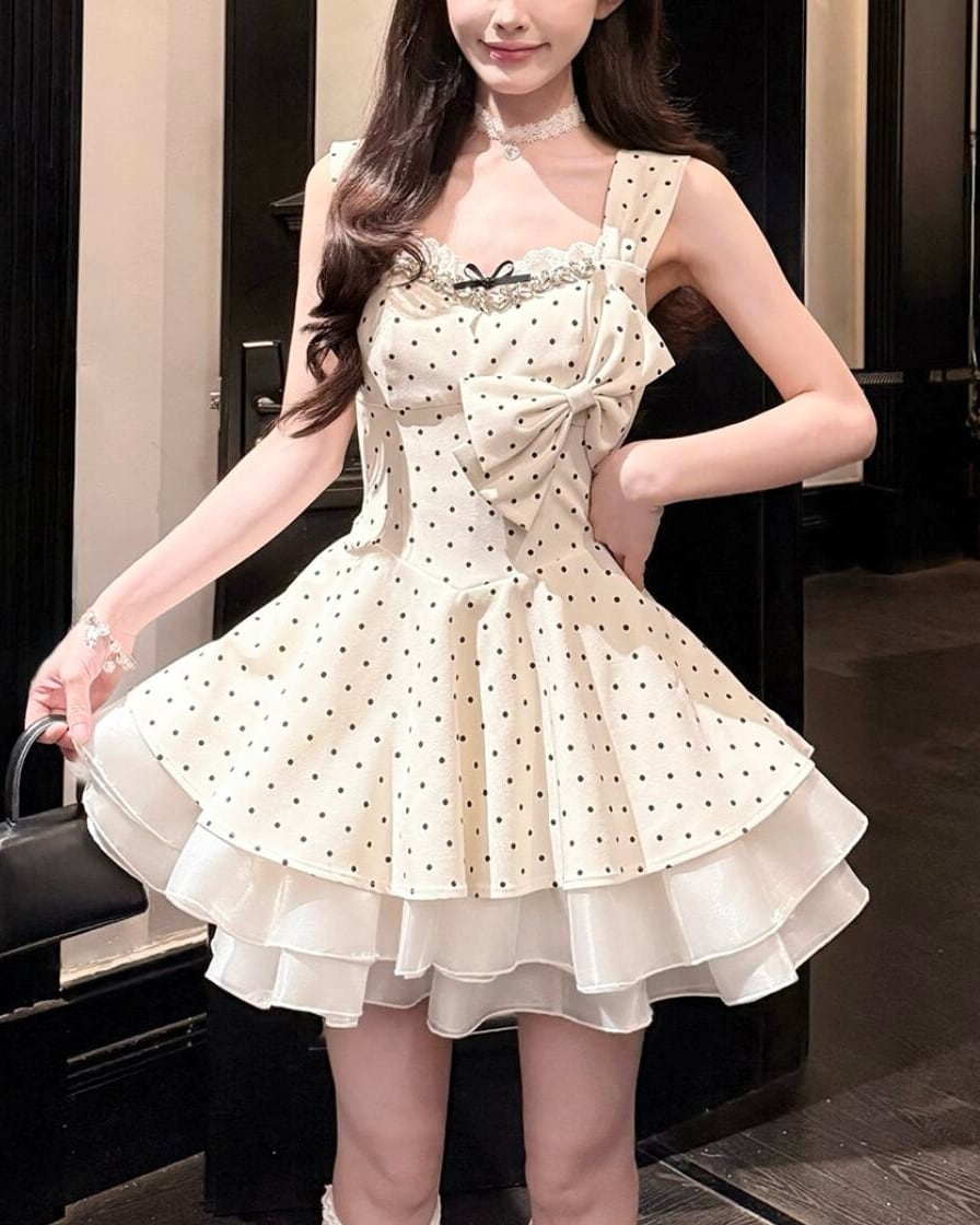 サイドリボンフリルフレアドットワンピース 2508597