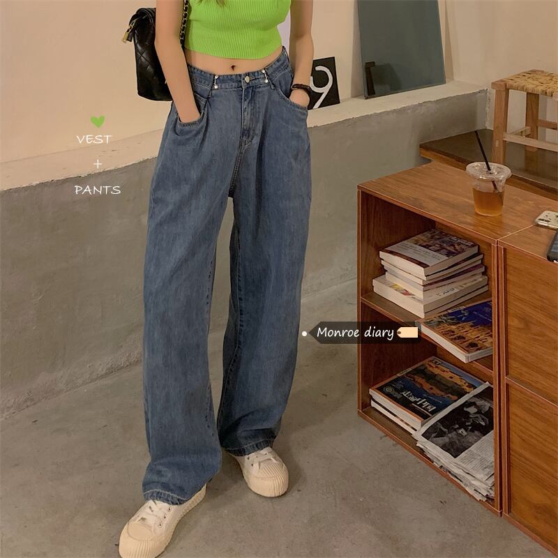 ブルーハイウェストパンツ スプリングオータム薄手ルーズ 春物 秋物 モンロー67118696917