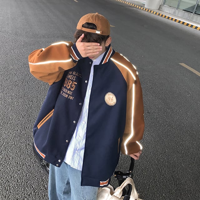 【予約販売】スタジャン ブルゾン アメリカン レザー ライン B系 防寒 刺繡 メンズ アウター カレッジ風 アメカジ ショート丈 オーバーサイズ ネイビー ベージュ 無地 お洒落 こなれ感 韓国 ベーシック 秋 冬 大きいサイズ M/L/XL