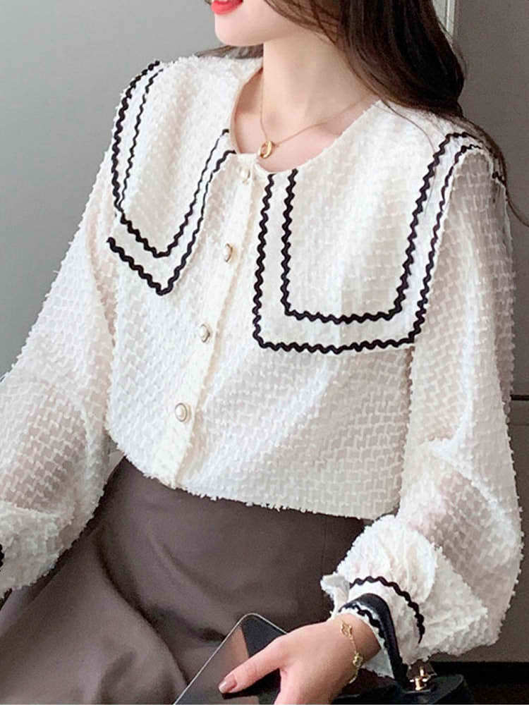 【即納】1点限定 セーラーカラージャガードドットブラウス ガーリーコーデ カジュアル かわいい おすすめ 春 定番 大きいサイズ 韓国 CH8541