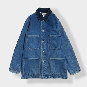 【Dickies】70s 80s USA製 白タグ カバーオール デニムジャケット ワークジャケット 38 LARGE リペア有 切替 コーデュロイ 裏地ブランケット ディッキーズ us古着