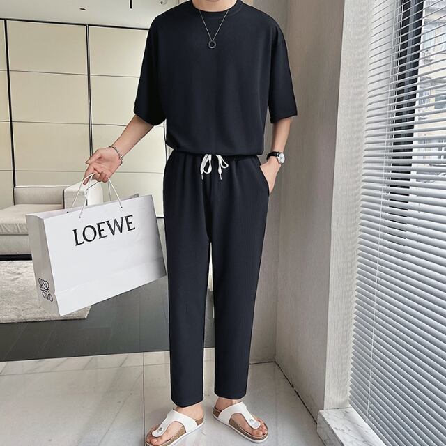 【予約販売】メンズ セットアップ 上下 半袖 パンツ ストリート Tシャツ ブラック ブラウン ホワイト グリーン 部屋着 韓国 ジム スポーツウエア カジュアル 春 夏 大きいサイズ M/L/XL/2XL/3XL