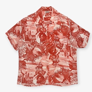 40s~50s｜Unknown｜ハワイアンシャツ｜Made in CALIFORNIA ピクチャープリント レーヨン ハワイ名所 総柄 レッド オープンカラー｜B