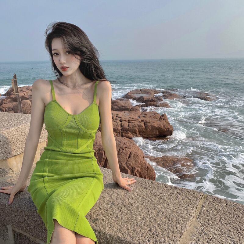 ドレス ニットウェストスカート サマーグリーン 夏物 ブラックストロベリース63670966675