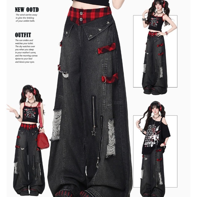 ゴスロリ通販 With U ゴスロリ系 地雷 ワイドパンツ デニム クラッシュダメージ CRAZYGIRL ダークファッション 闇かわいい Y2K 原宿ファッション