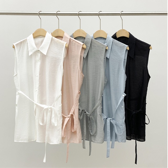 belted sleeveless sheer shirt L0522