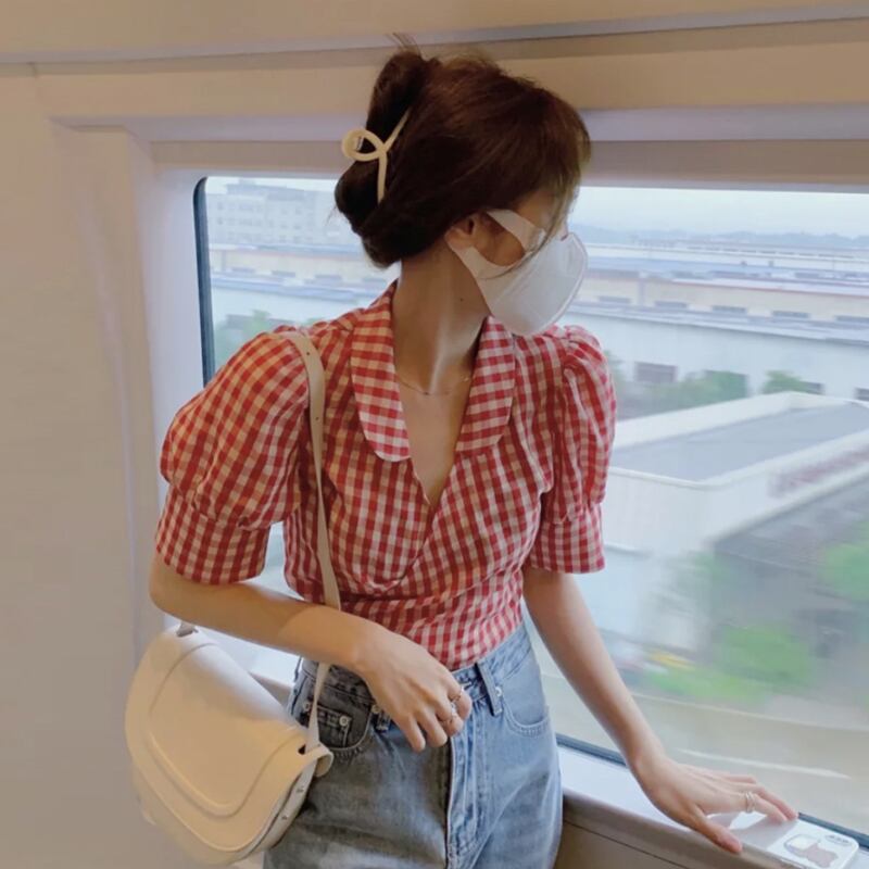 ショートドレス サマー薄手Vネック格子柄シャツ 大人ガーリー スウィート キュート カジュアル 夏物 試着室72230450550