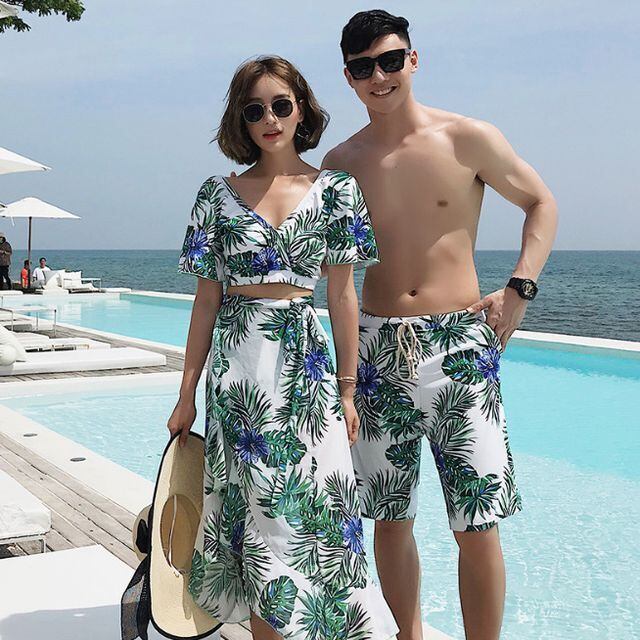 水着 カップル水着 ペアルック 水着 レディース メンズ ペア水着 恋人 おそろい お揃い トロピカル柄 パレオ 海水パンツ M/L/XL/XXL