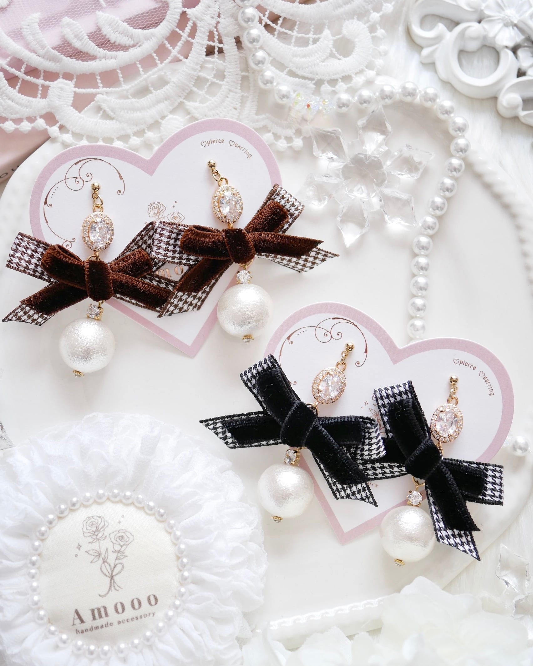 71010 千鳥柄リボンコットンパールポイントピアス/イヤリング
