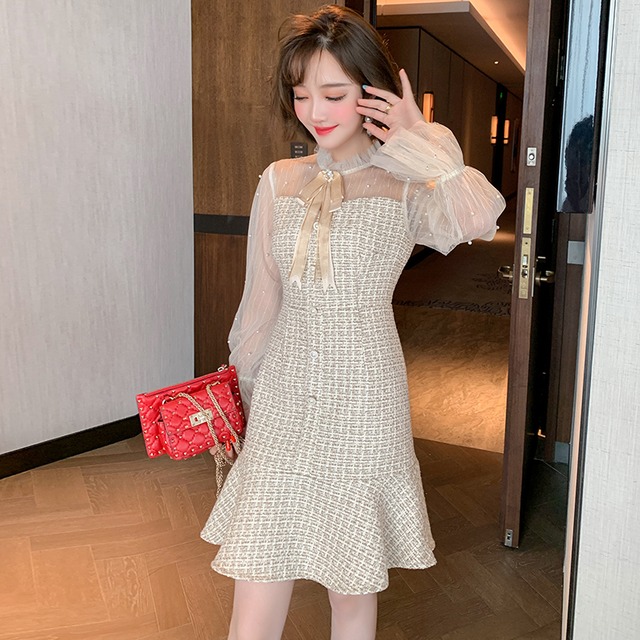 メッシュツィードスリーブラッフルドレス オータム レッド 秋物 ステッチ MIUCO46264380915