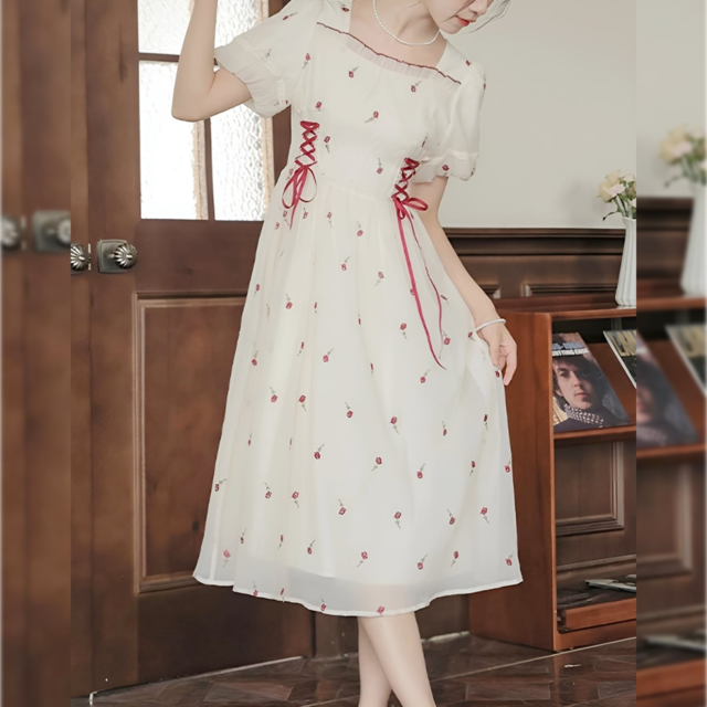 ワンピース レディース レッドローズリボンパフスリーブワンピース ローズ柄 スクエアネック ウエストレースアップ ミディ丈 Aライン 大人可愛い  韓国 人気 トレンド 新作 20代 30代 40代 きれいめ お出かけ デート おしゃれ デイリー 普段着 フェミニン ゆったり 体型カバー 着痩せ 着回し 春 夏CO5274