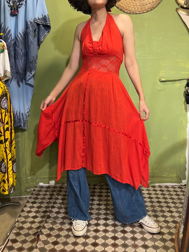70s mexican red Halter neck cotton dress ( ヴィンテージ メキシカン レッド ホルターネック ワンピース )