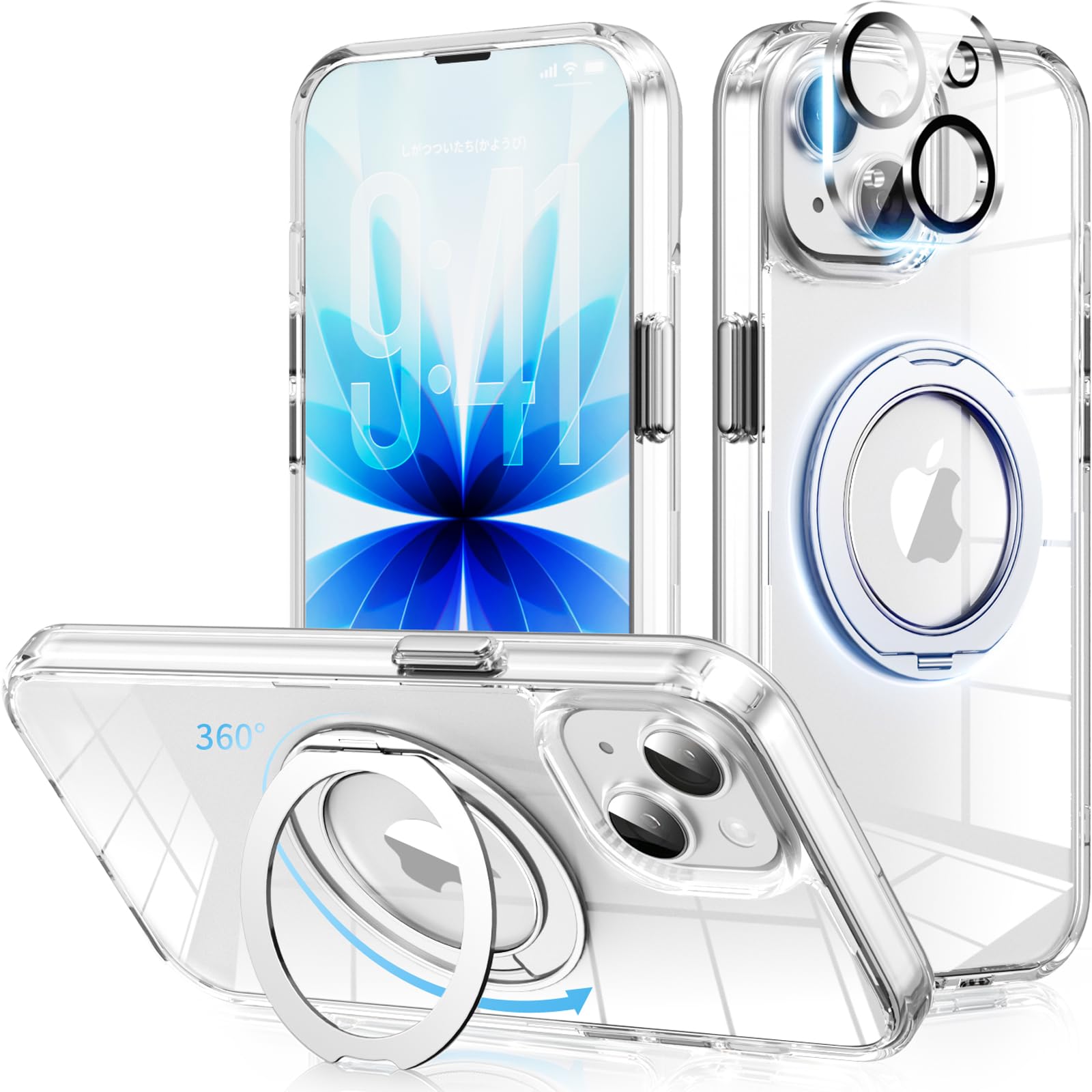 【高透過レンズフィルム・360°回転スタンド付き】iPhone 14 用 ケース 全面保護 MagSafeアクセサリー対応 ワイヤレス充電可能 縦横両用 耐衝撃 米軍規格 あいふぉん 14 ケース N52強力マグネット 黄ばみ防止クリア背面パネル ソフトバンパー 四隅エアクッション iPhone 14 カバー ストラップホール付き