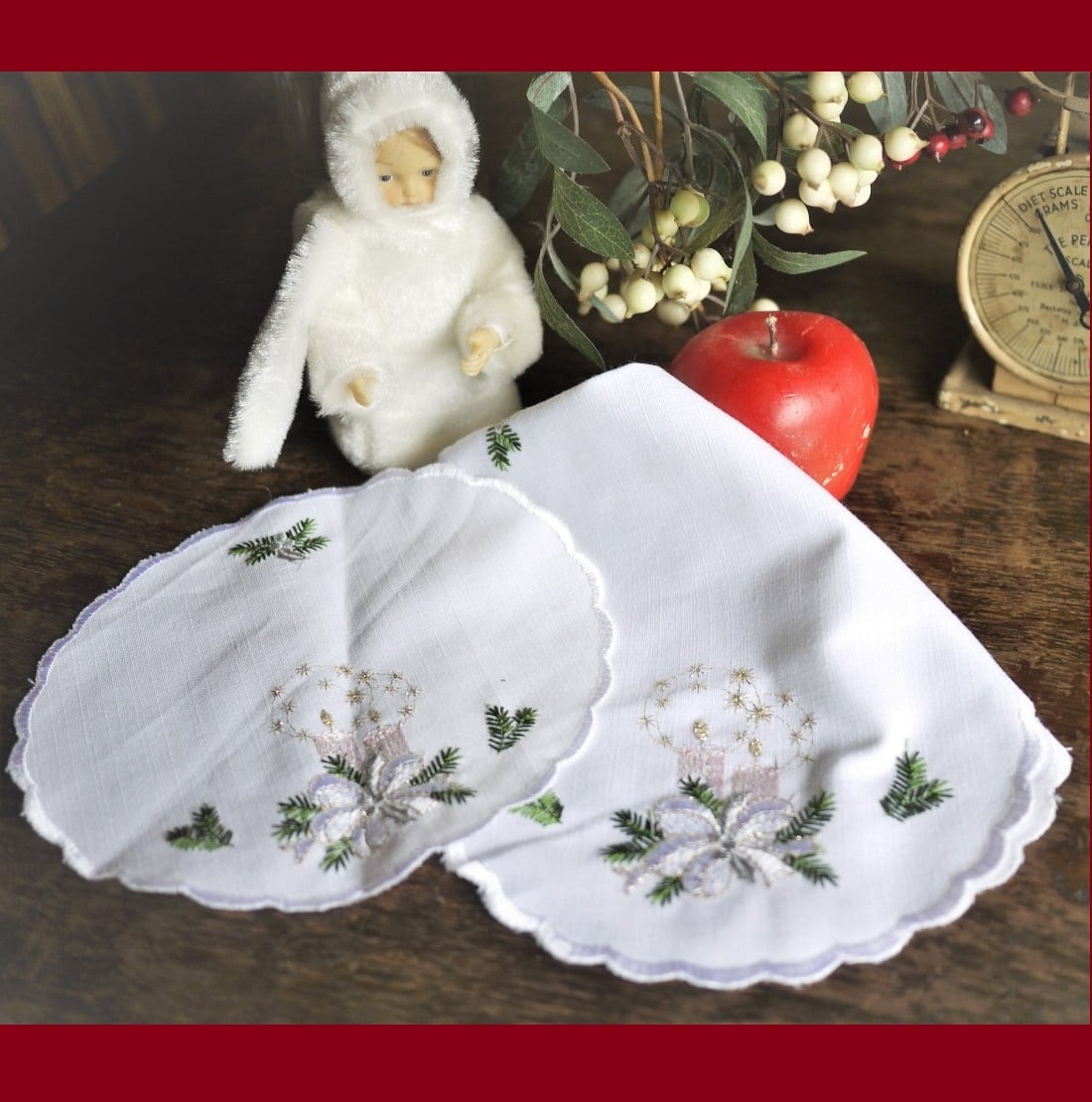 クリスマス刺繍のクロス2枚組 キャンドルとモミ