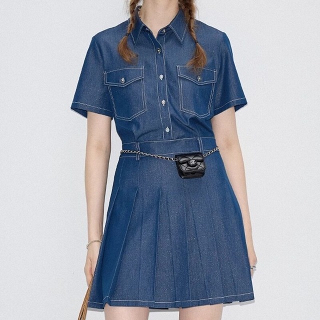 Denim pleats mini dress　B605