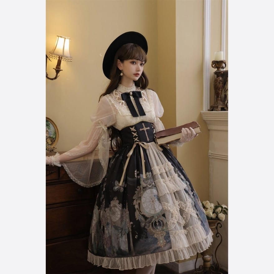 ゴスロリ 十字架コルセット風セットアップ シャツ×JSK×スカート