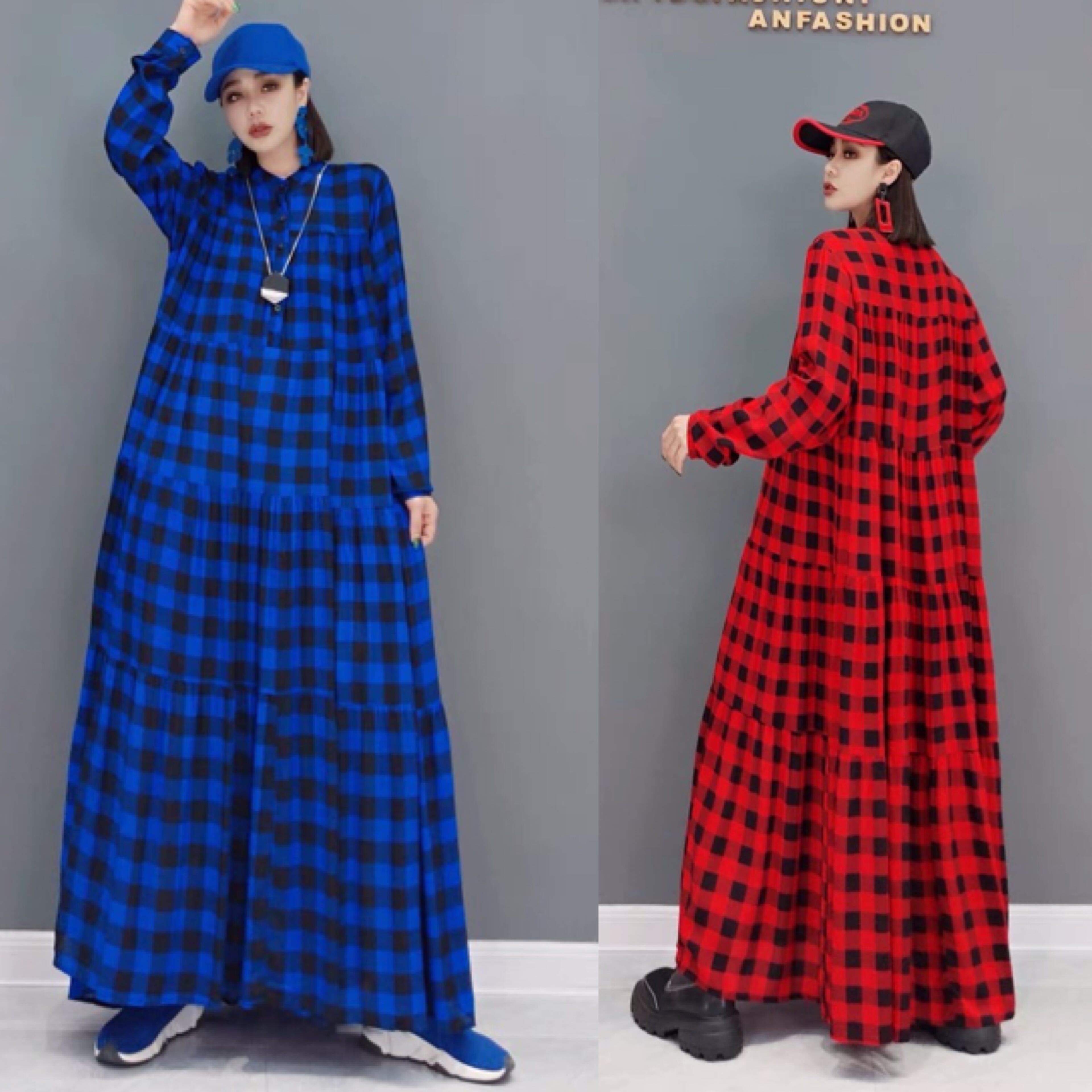 2カラー 】チェック ワンピース 赤 青 ゆったり ラクチン | LOVEYsmileSHOP