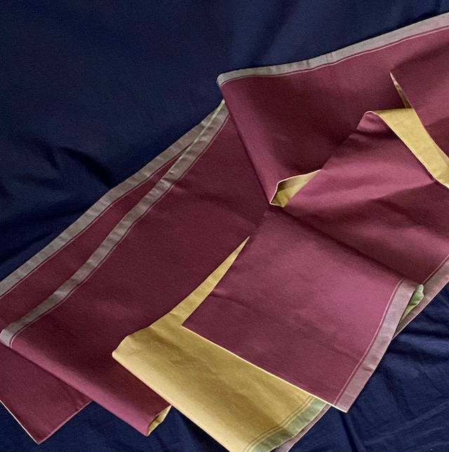 黄色の紬の帯〉縞 リバーシブル 濃い赤茶 織り出し 両面使い 全通袋帯  