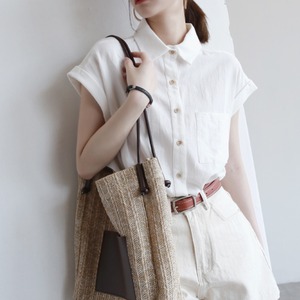 リネンライク バンドカラー ショートスリーブ シャツ U0436