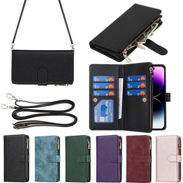 Eastwave アイフォン 15 Pro Max ケース For iPhone 15promax 縄掛けケース For iPhone 15 Pro Max 手帳型 財布型 ICカード コインポケット ストラップ付き カード 収納 小銭入れ ファスナーポケット付き PUレザー 6色ブラック 2097