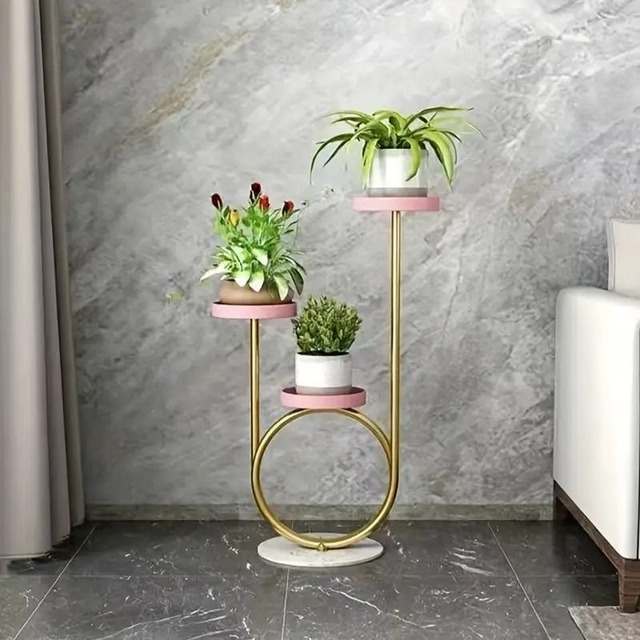 3段プランターラック プランタースタンド 大理石ベース付き おしゃれ エレガント シンプル ベランダガーデン プランター台 フラワースタンド 鉢植え 花 屋外 室外 ガーデンラック インテリア ゴールド ブラック ピンク