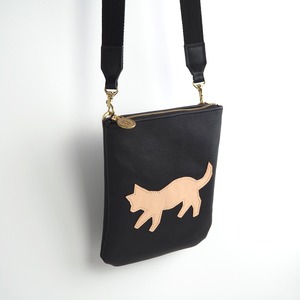 Zipper Pochette "Walking Cat (Nume/Black)" Genuine Leather Smartphone Mini Shoulder Bag