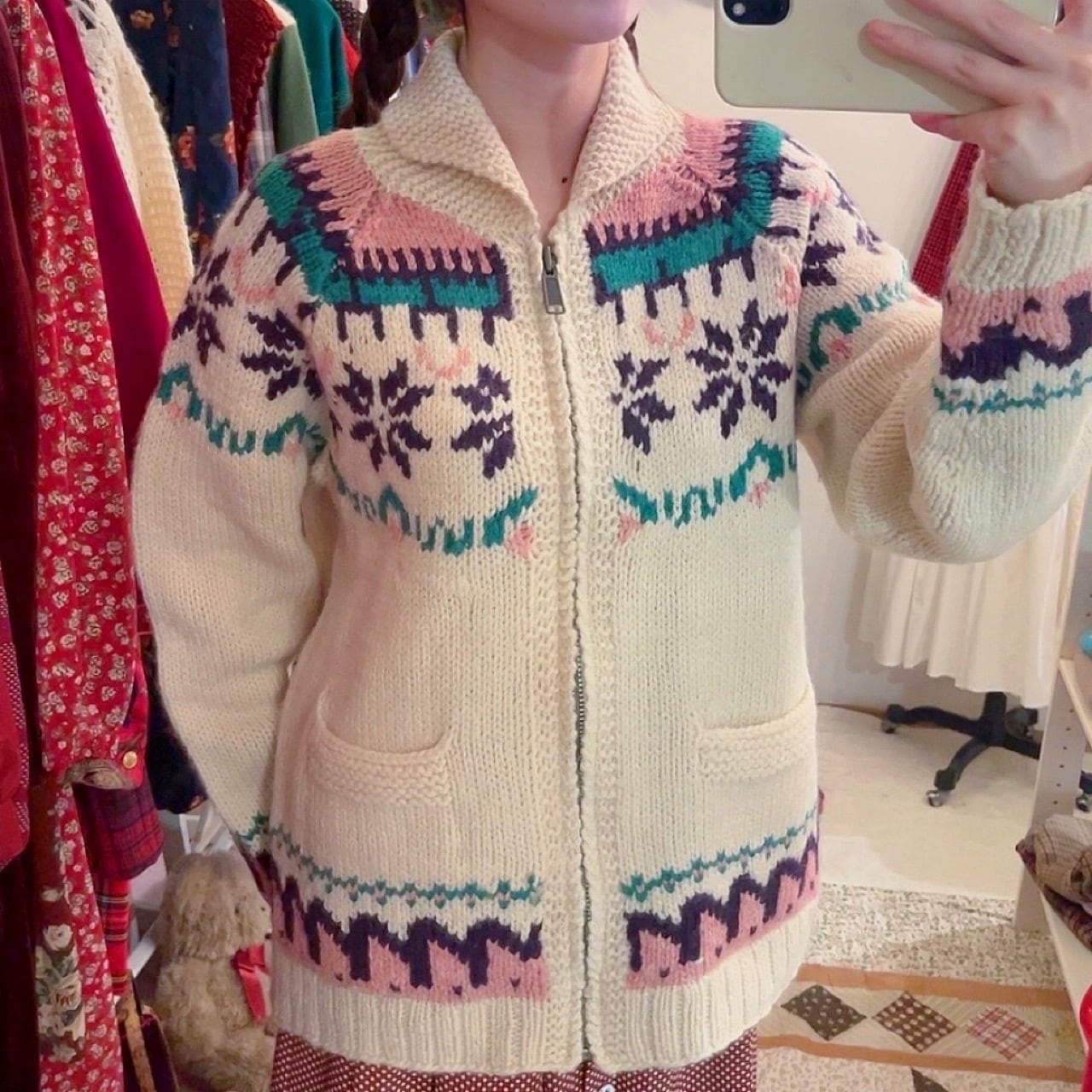 pink purple snowflake zip knit sweater