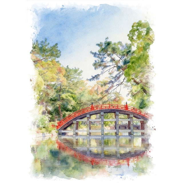 絵画 日本 大阪府 住吉大社 反橋 風景画 インテリアアート額付き 水彩画・油絵風 WAT0116