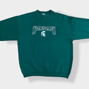 【USA古着】カレッジ ミシガン州立大学 スパルタンズ MICHIGAN STATE SPARTANS 刺繍ロゴ スウェット トレーナー プルオーバー ディープグリーン L相当 US古着