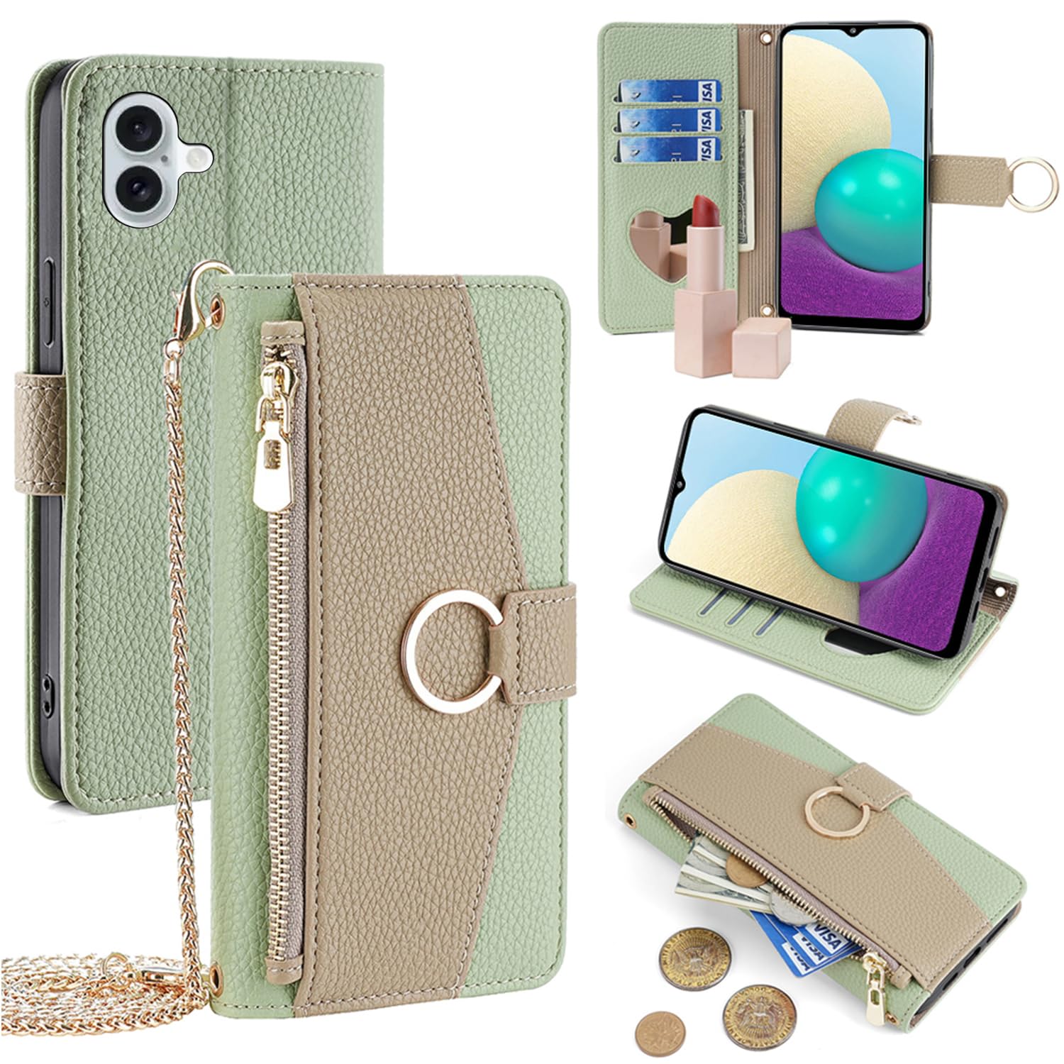 For iPhone 16 ケース 手帳型 ショルダー For アイフォン16 財布型 カバー 肩掛け 斜めがけ 化粧鏡付き 女性 おしゃれ ロングストラップ ジッパー小銭入れ カード収納 横置き 上質な手触り 耐汚れ気質 肌感レザー 防指紋 耐久性 贈り物 COCOCLOUD グリーン