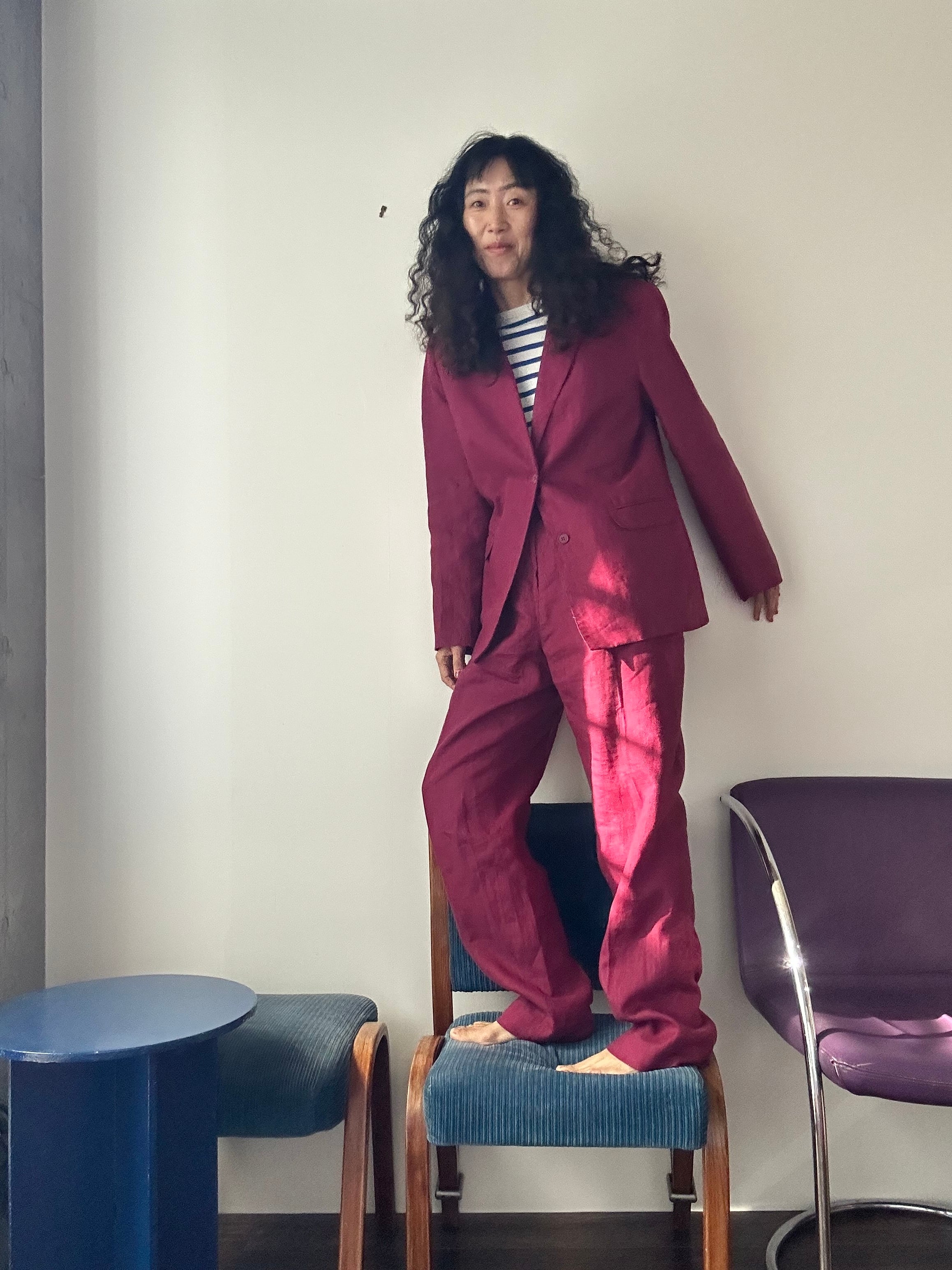 3点おまとめ ボルドー系 幾何学 ヴィンテージ ジップ ハイネック ジャケット Vintage ボルドーリネンブレザーセットアップ | nur vintage apartment